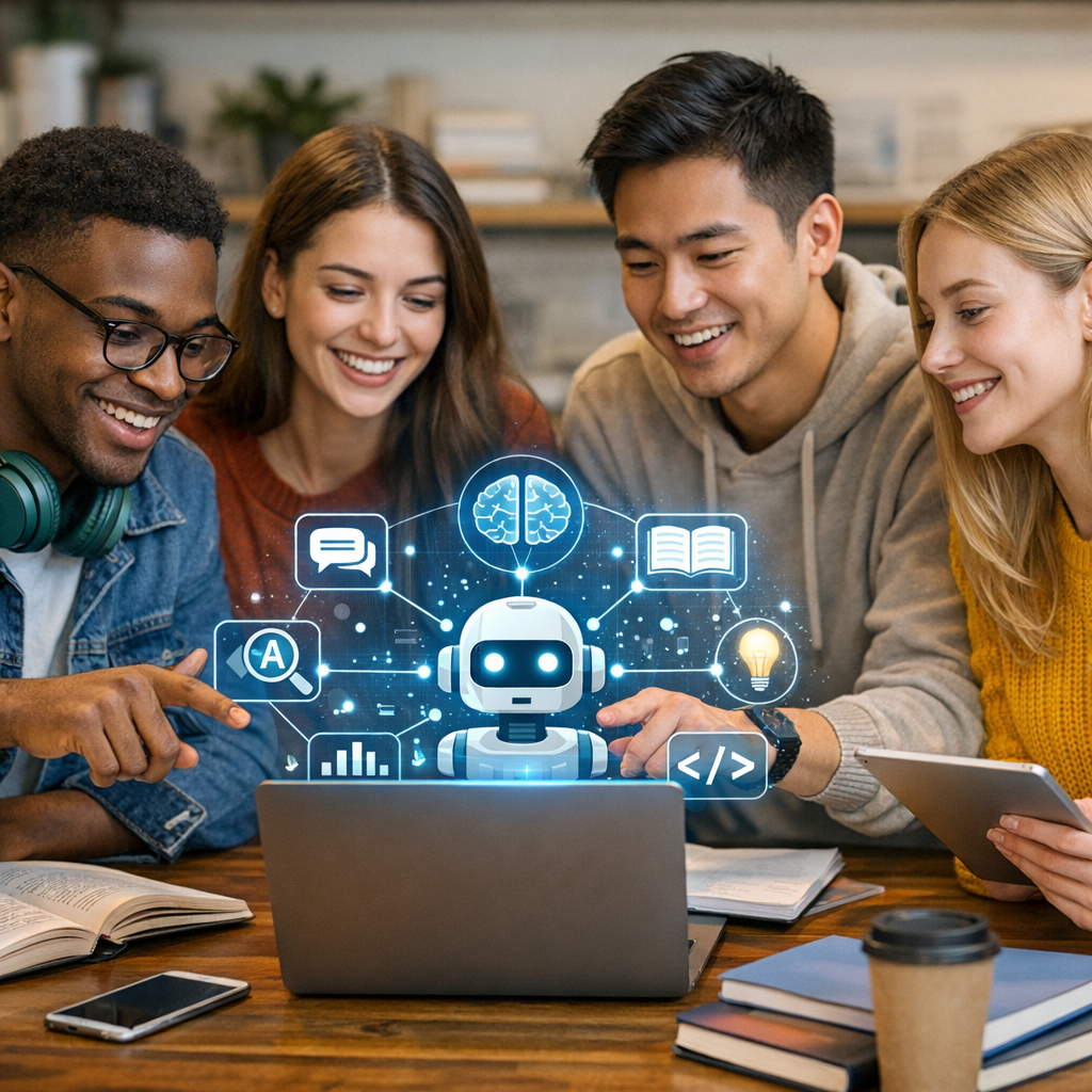 Groupe d’étudiants travaillant ensemble, illustrant l’utilisation de l’IA pour réviser et apprendre